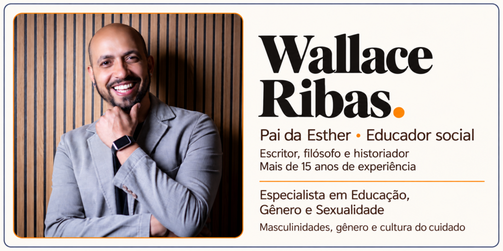 Retrato de Wallace Ribas sorrindo, com blazer cinza e a mão no queixo. Ao lado, sua apresentação como pai da Esther, educador social, escritor, filósofo e historiador, especialista em Educação, Gênero e Sexualidade, com atuação em masculinidades e cultura do cuidado.